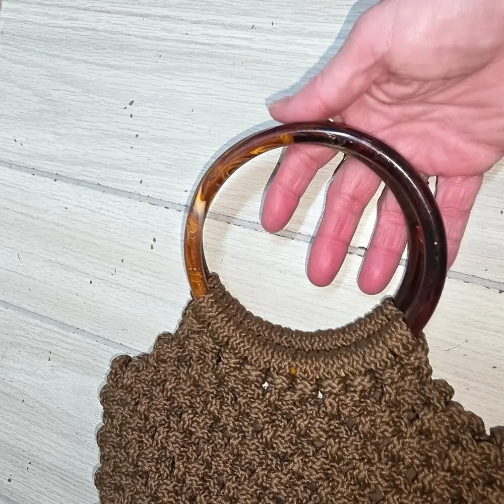 Vtg Handmade Brown Crochet Handbag Bakelite? Handle Knit/Woven Macrame Boho